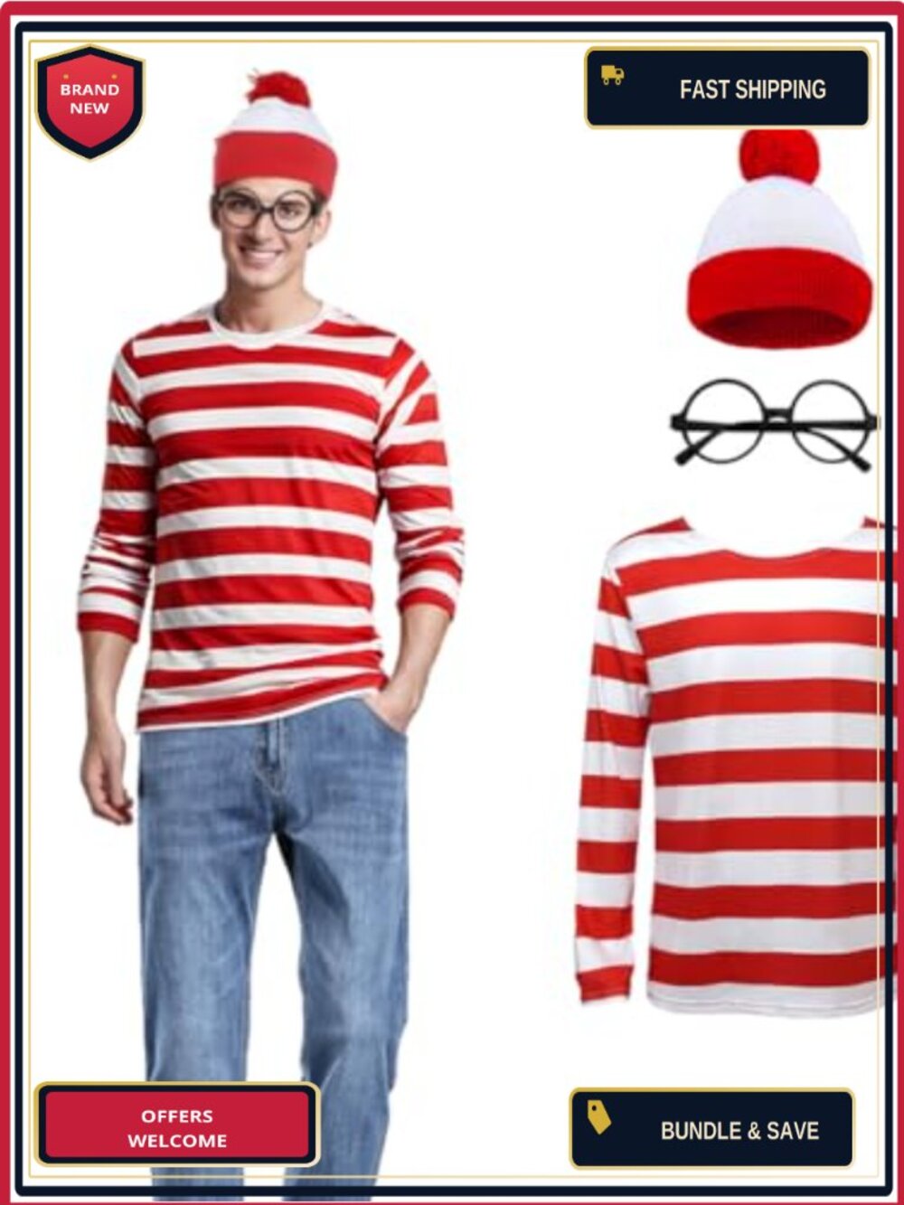 Unpifolov Halloween Cosplay Costume Polyester Pullover Tee Shirt Hat Glasses Set